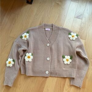 Floral Embroidered Tan Cardigan Sweater pink lily